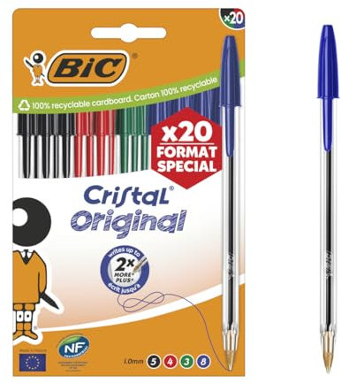 BIC Cristal Original Stylos-Bille Pointe Moyenne (1,0 mm) avec Capuchons et Embouts Assortis - Couleurs Assorties, Pochette Format Spécial de 20