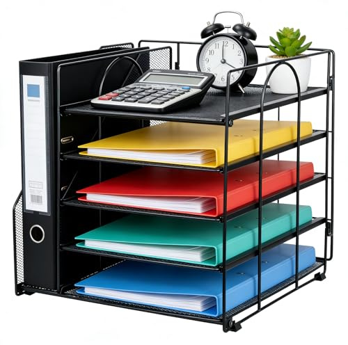 Voency Desk Organiser with File Holder,5 Tiers Paper Letter Tray Organiser, Mesh Metal Magazine File Holder, For Books, Documents, A4 Files, Magazine, Letter, Papers, Notebooks(Black)