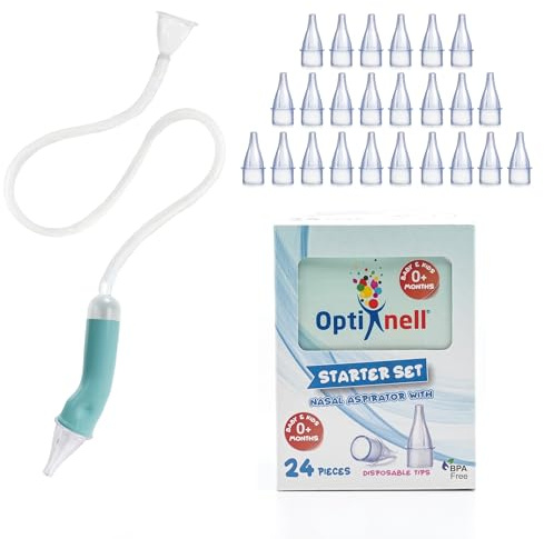 Optinell Aspiratore Nasale Neonato con 24 Ricambi Extra Soft – Starter Kit Igiene Nasale con Aspiramuco, Beccucci Monouso con Filtro Igienico, Igiene e Lavaggi Nasali Bambini