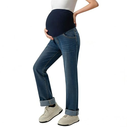 Pantalones Vaqueros Mujer de Maternidad Cintura Elástica Alta Pantalon Vaquero de Pernera Ancha Holgados Casuales Color Sólido Pantalón con Forro Polar para Embarazo Premamá Denim Jeans
