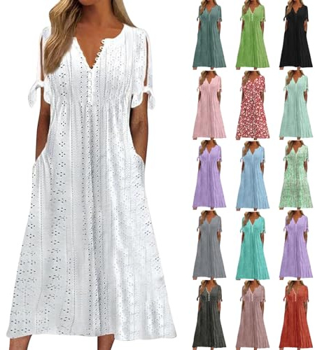 Chic Beach Outfits,Maxi Dresses for Women UK,Summer Dresses for Women UK 2026 V-Neck Button Short Sleeve Floral Fashion Elegant Beach Boho Dress Ladies Maxi Holiday Dresses Plus Size Clothing,White