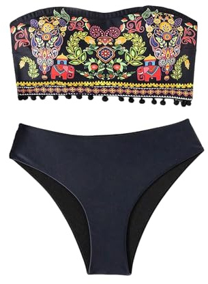 GORGLITTER Strapless Bikini Sets for Women UK Floral Graphic Bandeau Top Swimsuits 2 Piece Boho Swimwear Black Small