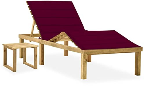 QJBSAVVA Lettino da giardino in legno con cuscino rosso vino e tavolo, sdraio regolabile in legno di pino impregnato, set lettino da giardino per terrazza e balcone, 200 x 70 cm