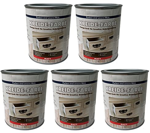 Kreidefarbe für Holz Grau 5x 750ml | Shabby Chic Vintage Antiklook Greywash matt | Wasserbasierte Holzfarbe für Möbel, Wände & Deko | Kinderfreundlich, wetterbeständig & schnelltrocknend