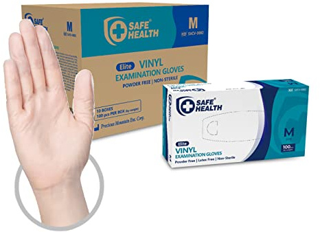 Safe Health Guantes Desechables de examen de Vinilo Transparente Talla M, 1000 unidades, Sin polvo Sin látex, Certificado CE, Limpieza Atención médica Alimentación, 3 Mil