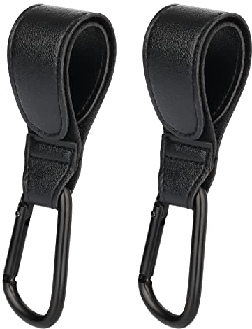 SAVITA 2 Stück Kinderwagen Organizer karabiner Haken, Leder Kinderwagen Organizer Hakenclip mit Starkem Magischen Klebstoff für taschen Einkaufs, Umkleide und Windel Taschen (Schwarz)