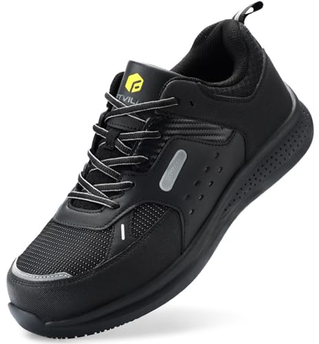 FitVille Extra Wide Steel Toe Shoes for Men, Composite Toe Work Shoes for Men, Water Resistant, Slip Resistant, Leather, Black, 14 X-Wide