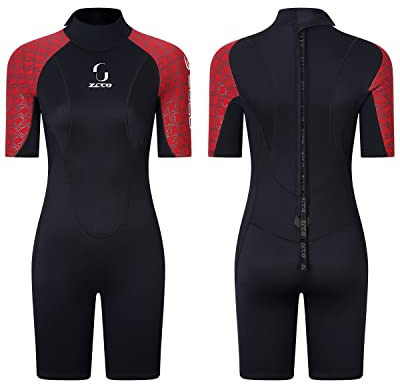 Womens 3mm Shorty Wetsuit Mens Neoprene Full Body Diving Suit Back Zip Dive Skin for Diving Canoe Spearfishing Surfing Snorkeling Swimming Suits(Red M)