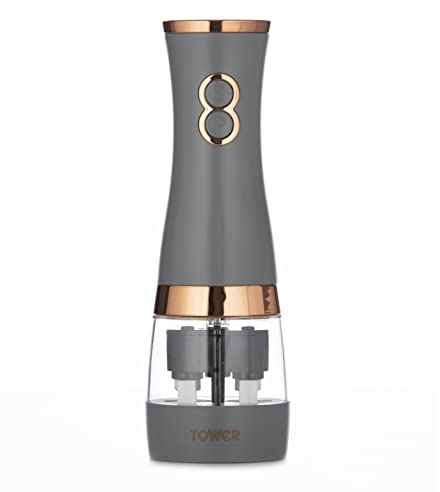 Tower T847004GRY Electric Salt and Pepper Mills, Battery Operated with Adjustable Ceramic Grinders, Grey and Rose Gold