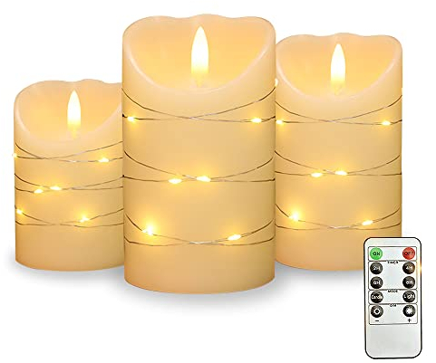 HIQE-FL Flammenlose LED Kerzen, warmweiß, mit eingebetteten LED Lichterketten, LED-Kerzen, 3er Set mit 11 Tasten Fernbedienung und Timer-Funktion (weiß)