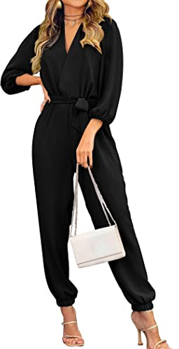 PRETTYGARDEN Women's Spring Fall Jumpsuits Casual Dressy One Piece Outfits V Neck Long Sleeve Belt Pockets Long Pants Romper (Black,X-Large)