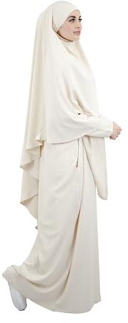 Lamishijab Abaya Muslimische Damen, 2-teilig, Maxi Khimar und Abaya, mit Taschen aus Medinenseide, ENS-KH-000, Cremefarben, One size