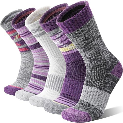 Welwoos Merino Wool Socks for Women Men Thermal Winter Warm Hiking Cozy Crew Work Gift Socks Stocking Stuffers 5 Pairs(Purple,M)