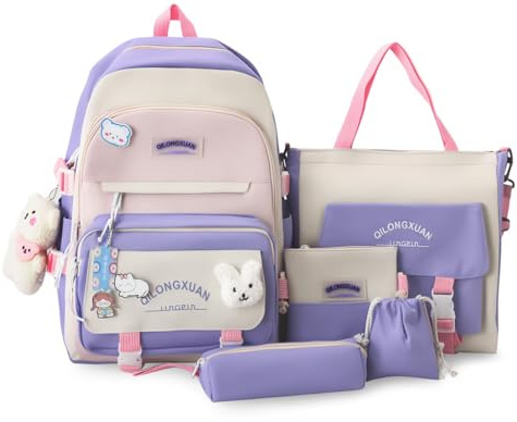 IvyH Schulranzen-Set 5-teilig, Schultasche Mädchen Rucksack Schule Teenager Schulrucksack für Mädchen der 3. bis 7. Klasse, School Bag Set mit Einkaufstasche Federmäppchen Brustbeutel,45 cm-Lila