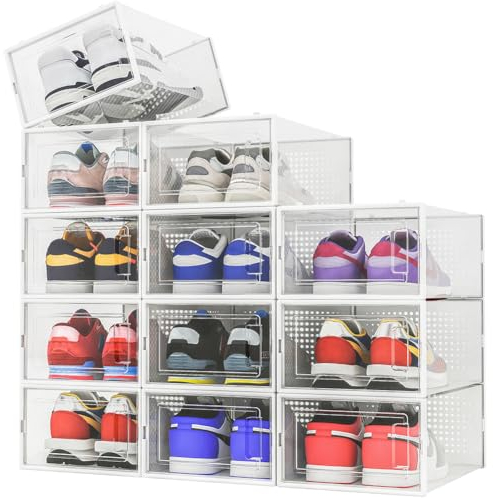 BAKAJI 12 x Scatole per scarpe Portascarpe Impilabili con coperchi, Assemblaggio Facile, Porta Scarpe Salvaspazio Trasparenti, Contenitori Box Organizer Portaoggetti, (Set 12 Pz, 33.5 x 23 x 14.5 cm)