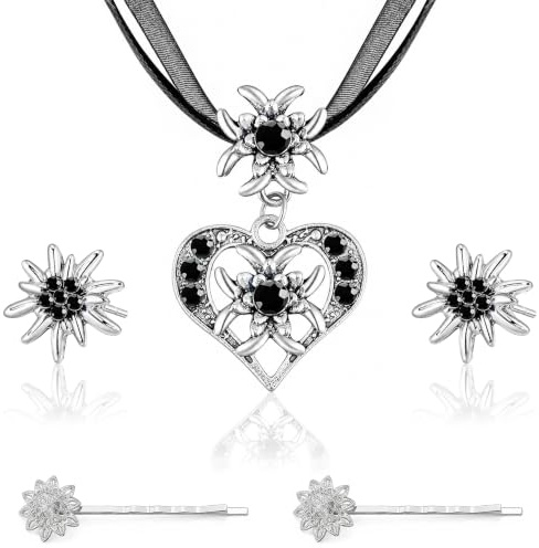 Juego de 4 joyas para traje regional, cadena con colgante de corazón de flor de flor de flor de ángel, con colgante de corazón de flor de flor de ángel, pinzas para el pelo y pendientes de Edelweiss