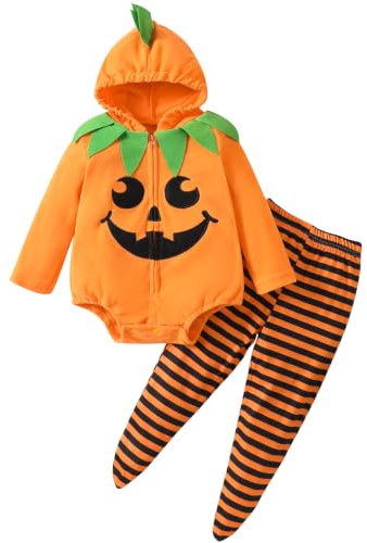 2 Pièces Deguisement Citrouille Bebe,Déguisement Bébé Fille Garçon Cosplay,Ensemble Sweat à Capuche bébé Costume Citrouille,Costume bébé Citrouille Comme Cadeau Noël pour Les Nourrissons de 0-18 Mois