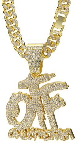 YOHAX Hip hop necklace alloy all diamond OTF letter pendant necklace Hip hop men's and women's Cuban necklace (23.6inches (60 centimeters), golden)