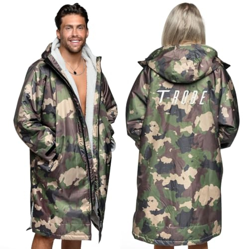 Totalcool T-Robe Wasserdichter Wickelmantel für Erwachsene, langärmelig, Herren-Bademantel, Surfen, wetterfest, schnell trocknend, warm, Sherpa-Fleece-gefütterte Jacke, Grau/Camouflage, L