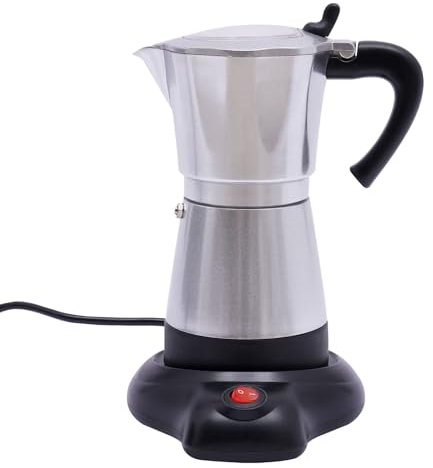 RjcdOPL Cafetière Électrique Italienne avec Base, Pour 6 Tasses à Espresso, 300 ml, 480 Watts, Alliage d'aluminium, Rotation à 360°, 10.2 x 19.5cm (Argent)