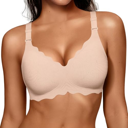 OEAK Women Jelly Bras No Underwire Scalloped Push Up Buttery Soft Tshirt Bra Seamless Full Coverage Convertible Everyday Bra Jacquard Nude,L