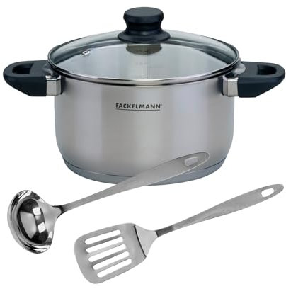 Fackelmann Set de Olla y Utensilios, incluye Olla Alta Acero Inoxidable 20 cm Fackelmann Geneva, Capacidad 3,4 Litros, Paleta y Cazo de Acero Inoxidable