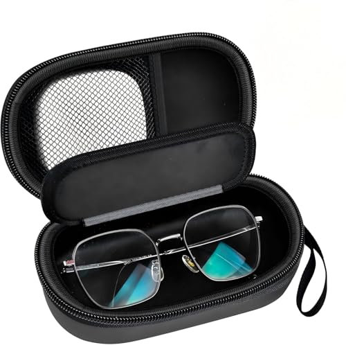 Portable 2 in 1 Contact Lens Case and Glasses Case, Traveling Contact Cases Bag Box Holder with Soak Storage Kit Included Built-in Mirror, Tweezer, Lens Solution Bottle and Hand Strap-Black