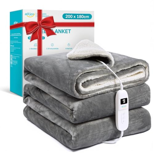 ALLJOY Manta Eléctrica Extra Grande, 200 x 180cm Manta Térmica con Apagado Automático 9 Niveles, 9 Niveles de Calor, 8,5FT Cable Eléctrico, Lavable en lavadora, Hogar y Oficina Regalos Mujeres Hombres