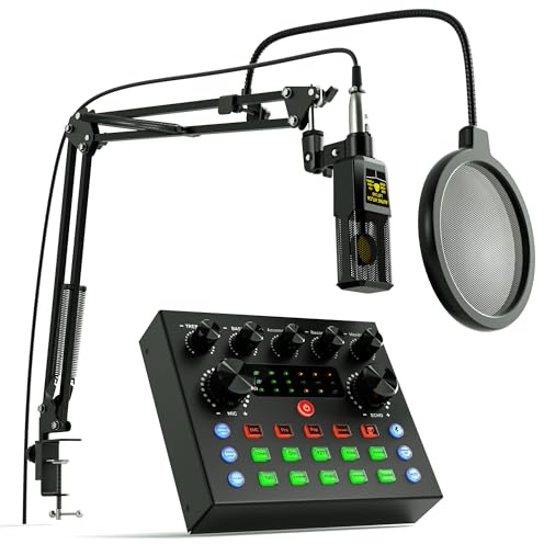Podcast Equipment Bundle, All-in-One Audio Interface with DJ Mixer and Studio Podcast Microphone, Condenser Mic Kit for PC Tablet Smartphone Karaoke Recording Gaming Live Streaming Equipment