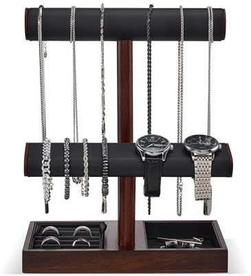 ProCase Watch Holder Stand for Men, Gift for Him Dad Father Boyfriend, Wood Jewelry Display Rack, Necklace Hanger Organizer for Chains Bracelets Rings -Brown