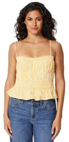 Amazon Essentials Women's Regular-Fit Smocked Stretch Cotton Poplin Vest, Golden Yellow Even Stripe, M