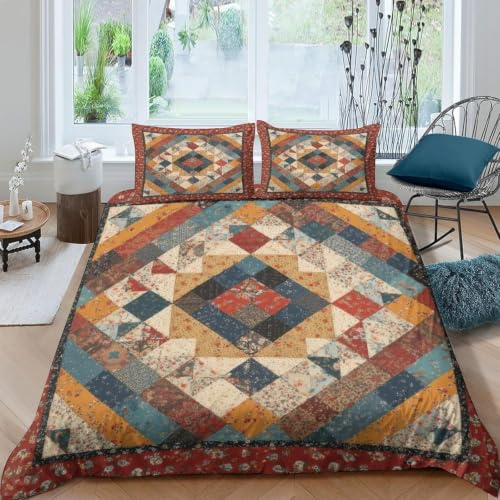 Set Copripiumino Una Piazza e Mezza 200x200 cm Patchwork Vintage Stampa 3D Biancheria da letto Stile Bohémien in Morbido Microfibra 3 Pezzi 1 Copri Piumino e 2 Federe con Cerniera D-2461