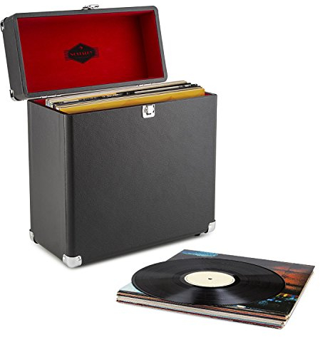 auna TTS6-BL - Schallplattenkoffer, Recordbox, Platten-Case, für 30 LP, Kunstleder, Retro-Design, Innenpolsterung aus Samt, Metallschutzecken, Schloß, Klappdeckel, stabil, schwarz