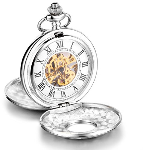 Unendlich U Infinite U Esqueleto Números Romanos Acero Grande Dobles Tapas Reloj de Bolsillo Mecánico Collar Plateado
