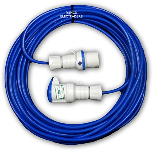 25 metre Blue Caravan Hook Up/Extension Cable with 16 Amp Plug & Socket - Professionally assembled by MCD Electrical