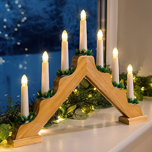 CHRISTOW Christmas Candle Bridge Light 7 LED Battery Operated Wooden Decoration (Natural)