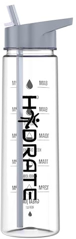 HYDRATE 900ml Water Bottle with Straw - Clear, BPA-free Tritan, Motivational Time Markings for Daily Intake. Ideal Leak-Proof Water Bottle for Gym, Sports, Kids, and Office Hydration - Grey