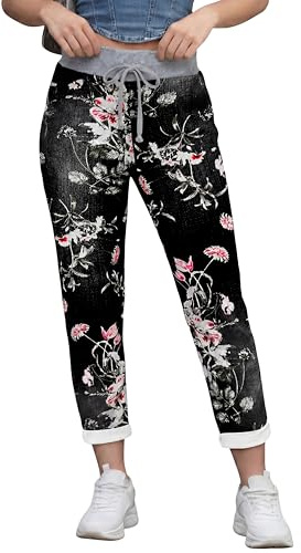 Love My Fashions® Trousers for Women UK Elasticated Waist Floral Denim Look Comfortable Italian Trousers, Casual Summer Yoga Pants for Women