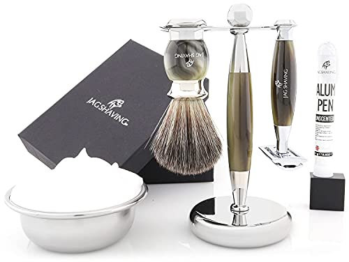 Jag Shaving Shaving Kit - 5 Piece Shaving Set - Jag's Lee Range - Double Edge Safety Razor - Synthetic Shaving Brush - Elegant Shaving Stand - Green Horn Imitation