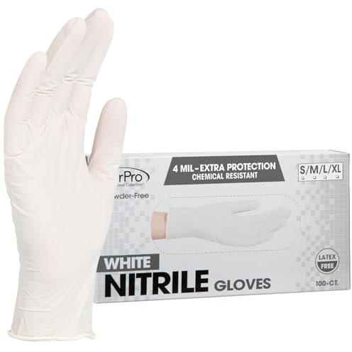 ForPro Professional Collection Disposable Nitrile Gloves, Chemical Resistant, Powder-Free, Latex-Free, Non-Sterile, Food Safe, 4 Mil, White, Medium, 100-Count