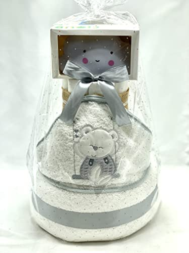 Tarta De Pañales y Capa de Baño Bebé 3 pisos - Regalo Original Para Recién Nacido - Incluye DEDICATORIA - Tarta Pañal Bebé Con Lámpara Nube (Gris)