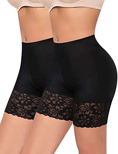 Werena Slip Shorts for Under Dresses Women Anti Chafing Underwear Seamless Boyshorts Panties Lace Under Shorts (#2 Black-2 Pack,Large)
