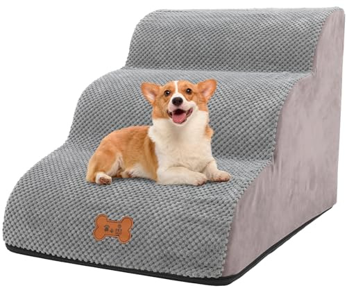 Escalier pour Chien à 3 Marches, Rampe pour Petit Chiens et Chats en éponge Haute Densité, Escalier pour Animaux avec Housse Lavable Amovible et Base Antidérapante, Haut 40 cm