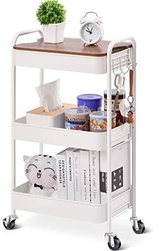 KINGRACK Rollwagen mit 3 Ebenen, Metallwagen mit abnehmbarem Holztablett, Aufbewahrung, Kunstwagen, Trolley, Organizer, Servierwagen, einfache Montage