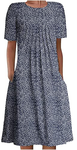 Vestiti Donna Estivi Moda Abito Donna Cotone Maglietta T-Shirt Manica Corta con Tasche Comodo Midi Vestito Abiti Donna Casual Spiaggia Festa Cocktail Cerimonia