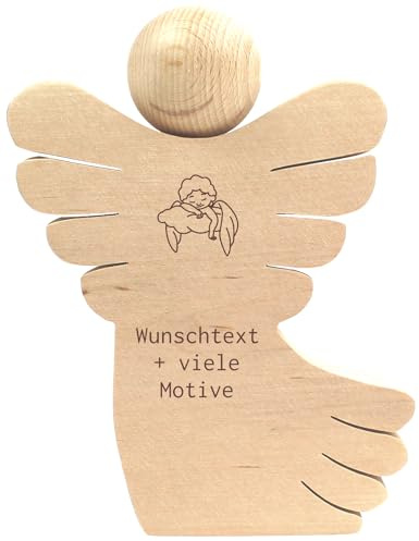 Geschenkissimo Wooden Star Children Angel with Engraving - Name, Date, Saying + Motif - Angel for Star Child, Grave Decoration, Funeral Jewellery, Funeral Gift, Consolation Gift