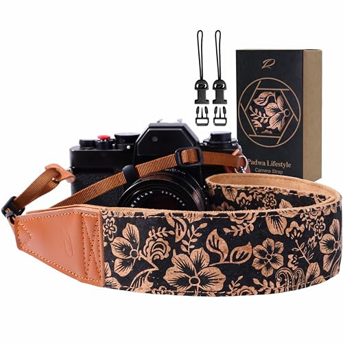 Padwa Lifestyle Cork Camera Strap - 2 Top Layer Cowhide Head Camera Straps for Photographers,Natural Log Crackle Art Print Style,Soft Chamois Velvet Padded Strap Quick Release fits All Cameras
