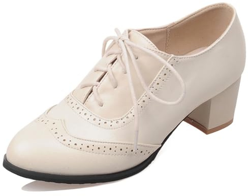 Mujer Tacón Ancho Oxford Punta Rojoonda Tacón Alto Zapatos Cordones Clásica Trabajoing Zapatos Talla 32-49