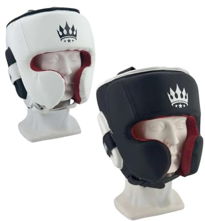 Playerz SparTech Pro Boxkopfschutz, dreilagig, geschlossenes Gesicht, leichte Mikrofaser mit verstellbarem Gurt, ideal für Boxen, MMA, Muay Thai, Schwarz & Weiß, Größen S/M bis L/XL