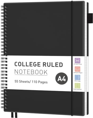 RETTACY A4 Spiral Notebook, Lined Journal, Notepad, 110 Pages, Black | Flexible Plastic Cover Note Book, 100 GSM College Ruled Paper, with Pocket, Pen Loop, Ruler & Bookmark - 21.5 x 27.9 cm